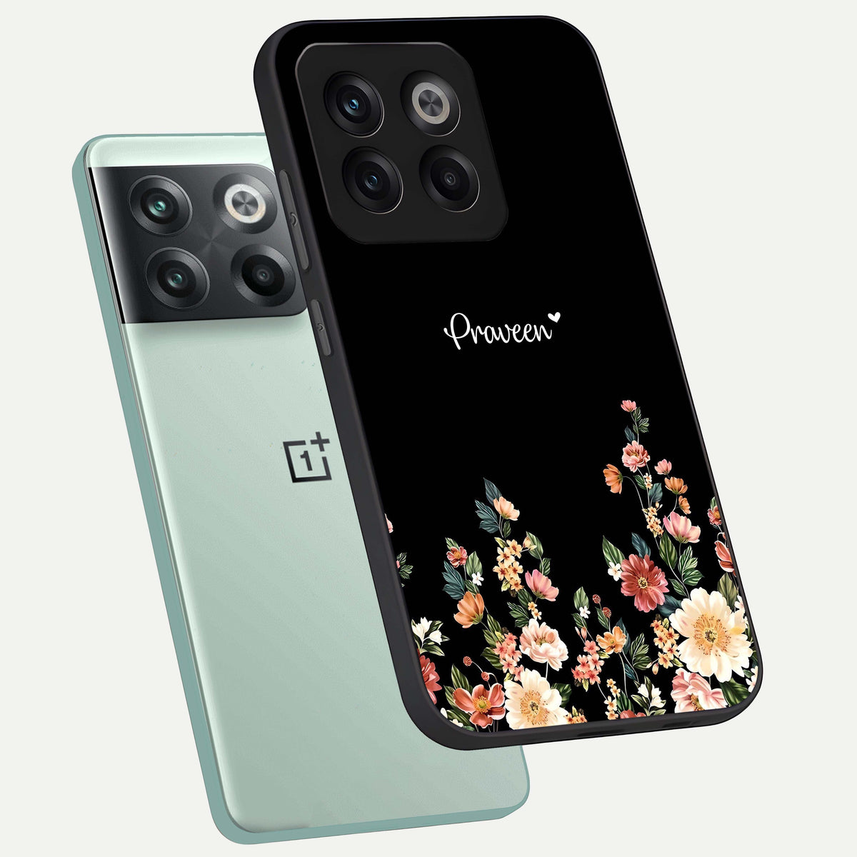  Floral Design Personalized Custom Name phone case For OnePlus 10T showing premium glass back cover with detailed artwork