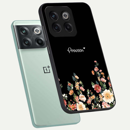  Floral Design Personalized Custom Name phone case For OnePlus 10T showing premium glass back cover with detailed artwork