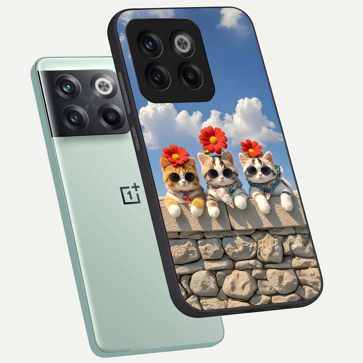  Floral Kitty Squad phone case For OnePlus 10T showing premium glass back cover with detailed artwork