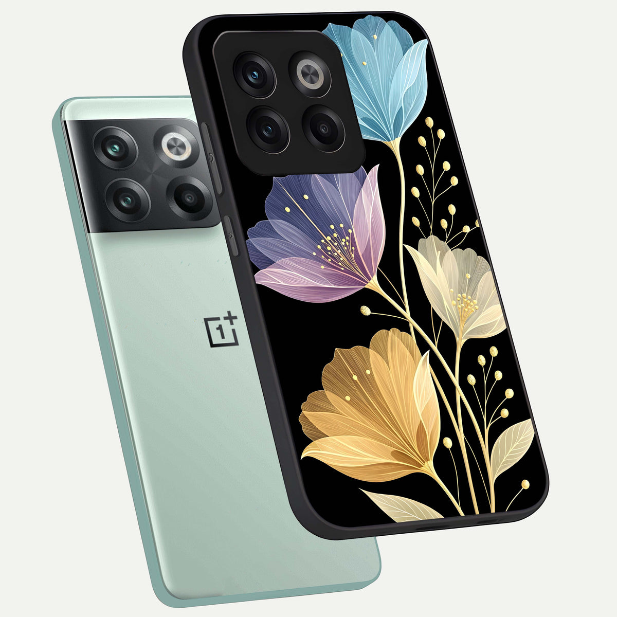  Flower Bloom Glow phone case For OnePlus 10T showing premium glass back cover with detailed artwork