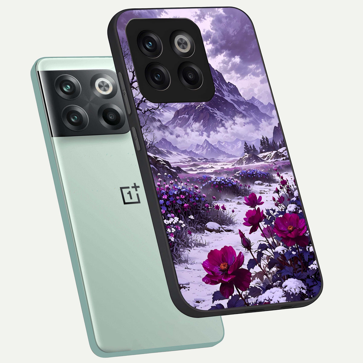  Flower Mountain View phone case For OnePlus 10T showing premium glass back cover with detailed artwork