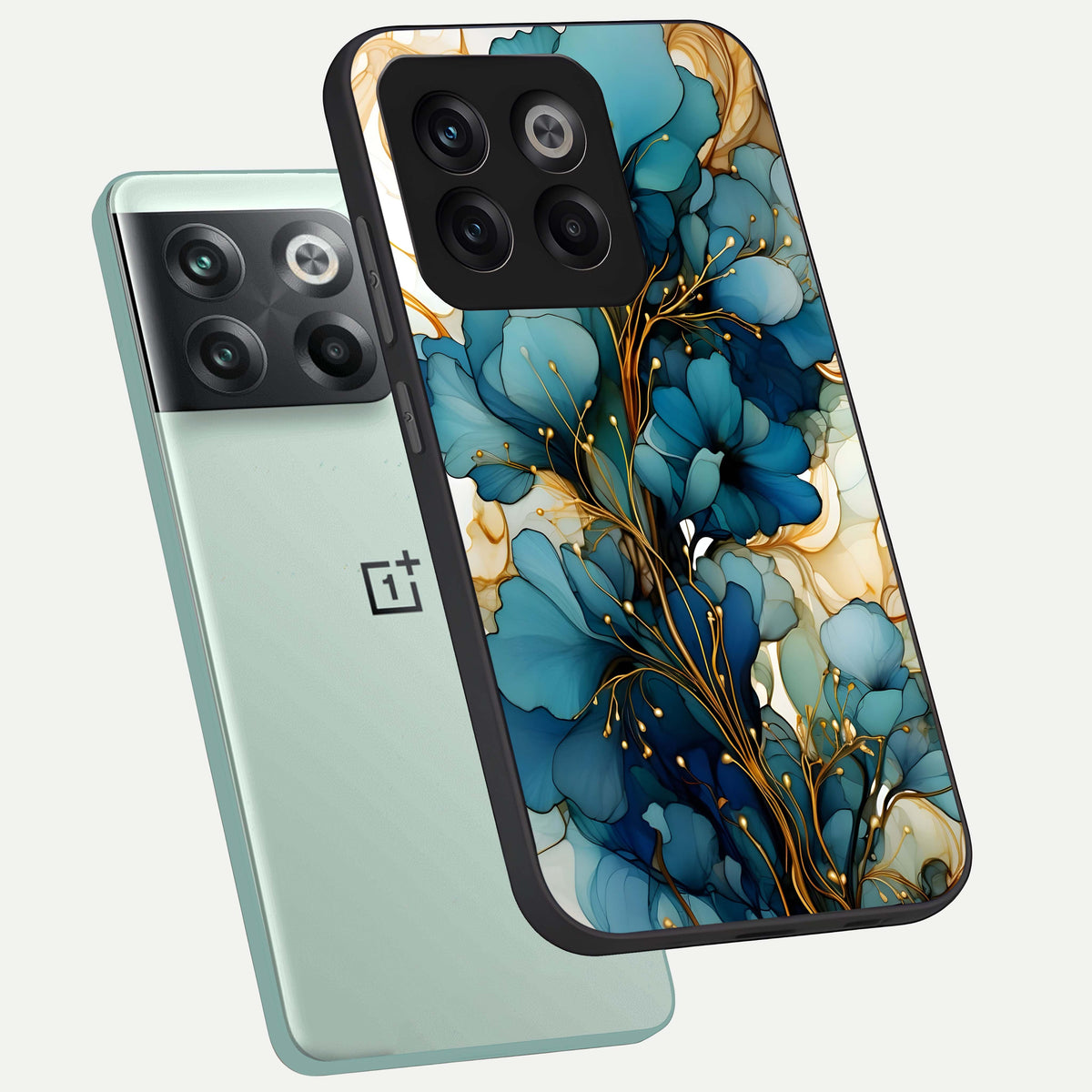  Golden Bloom Symphony phone case For OnePlus 10T showing premium glass back cover with detailed artwork