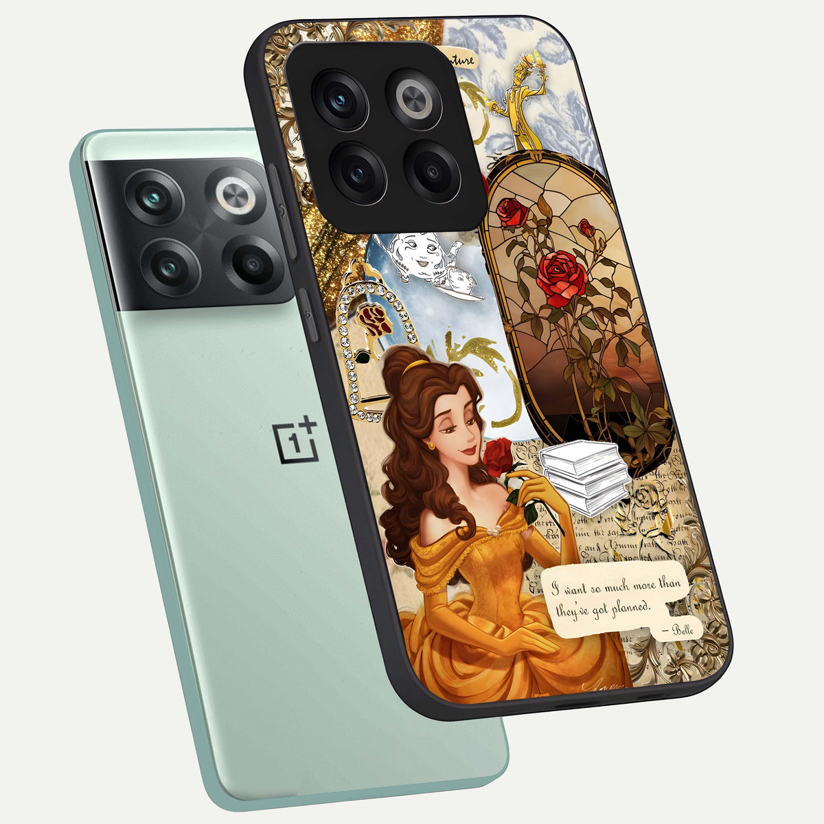  Golden Dream Belle phone case For OnePlus 10T showing premium glass back cover with detailed artwork