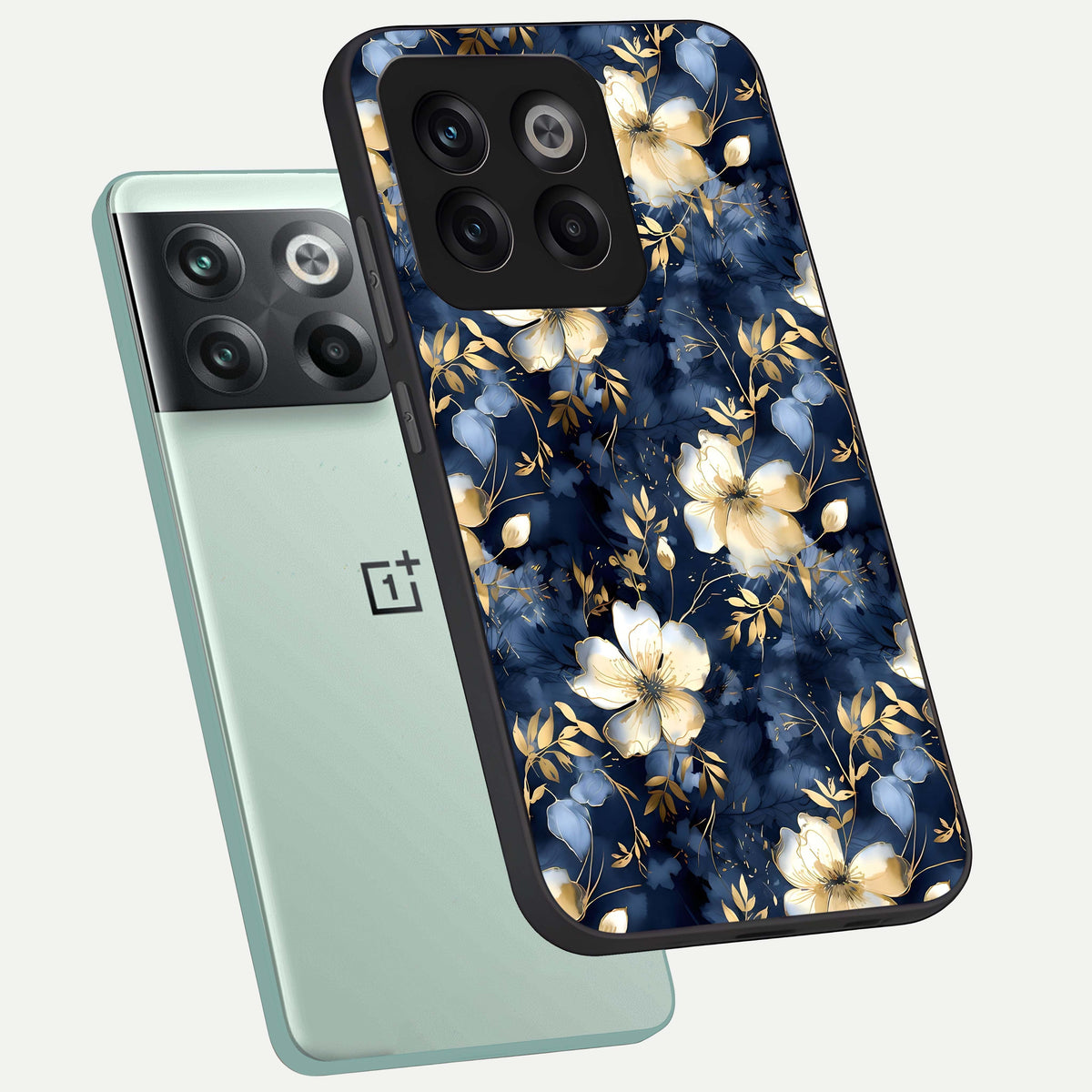  Golden Midnight Bloom phone case For OnePlus 10T showing premium glass back cover with detailed artwork