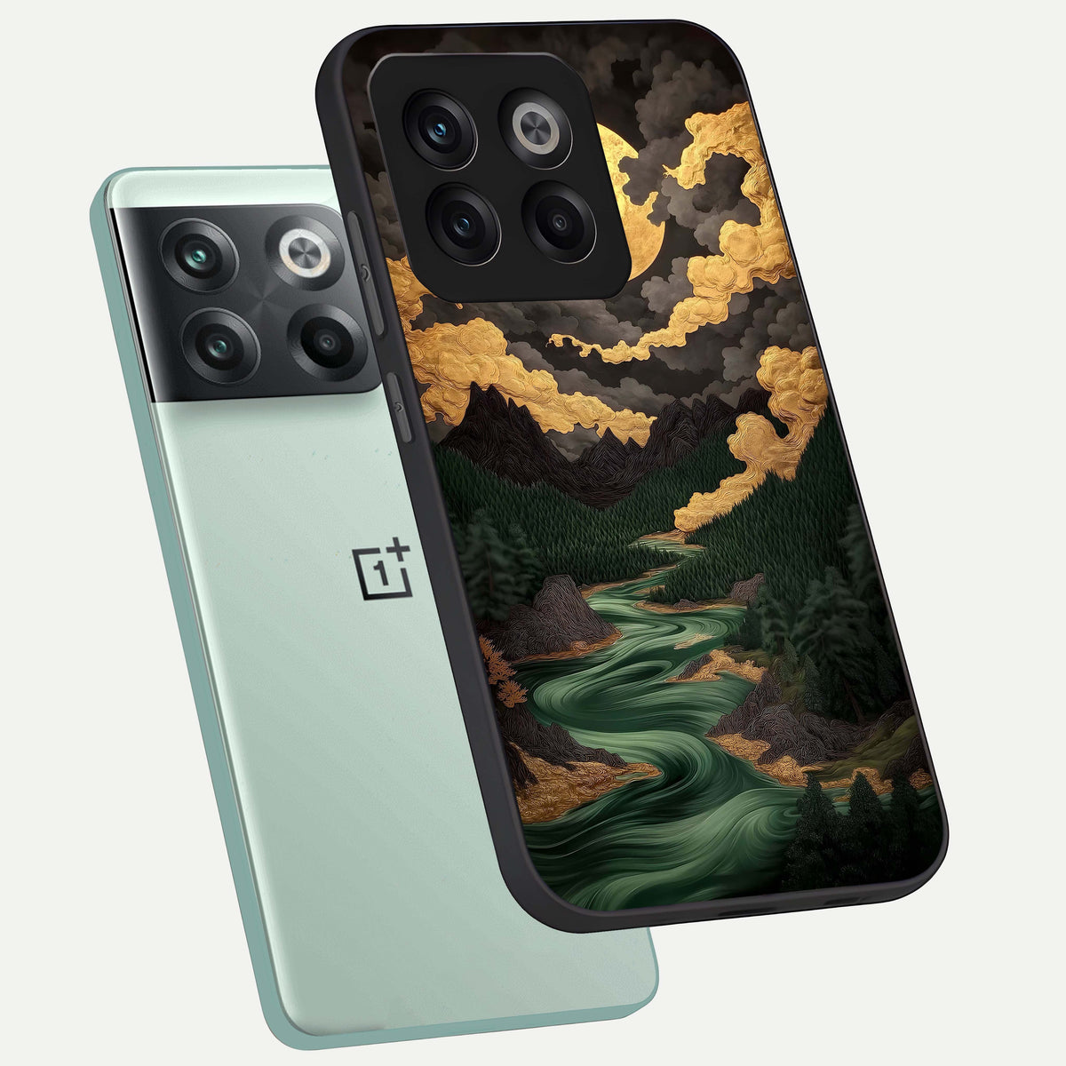  Golden River Moon phone case For OnePlus 10T showing premium glass back cover with detailed artwork
