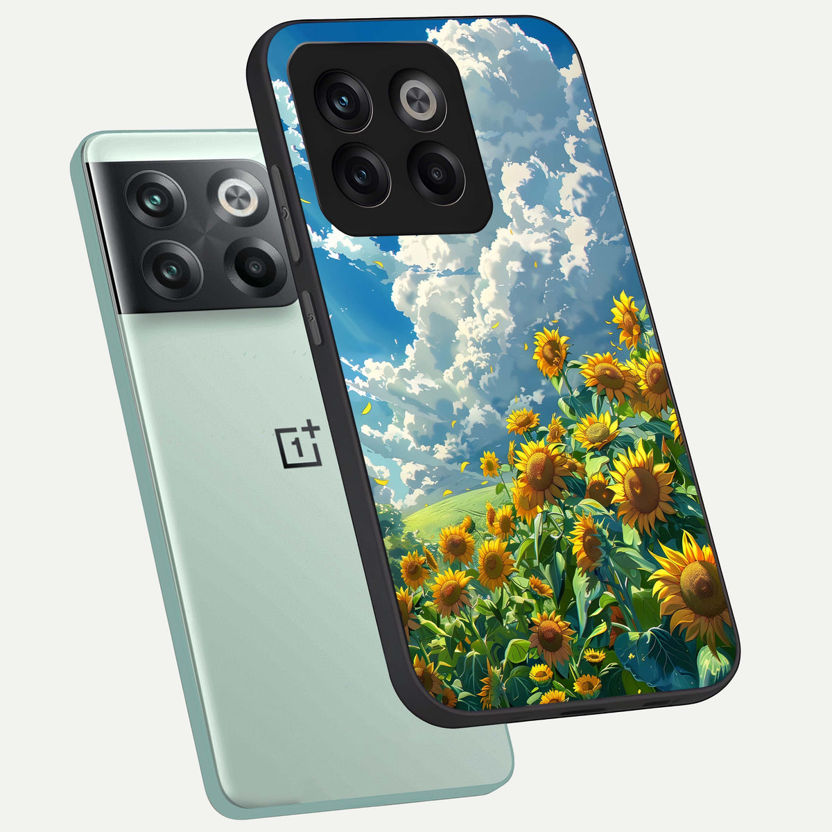  Golden Sun Glory phone case For OnePlus 10T showing premium glass back cover with detailed artwork