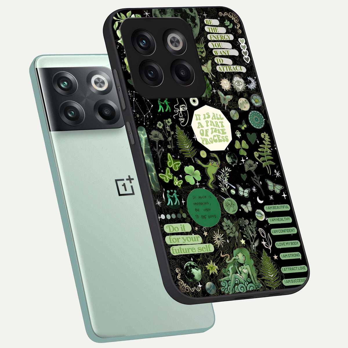  Green Mandala Pattern phone case For OnePlus 10T showing premium glass back cover with detailed artwork