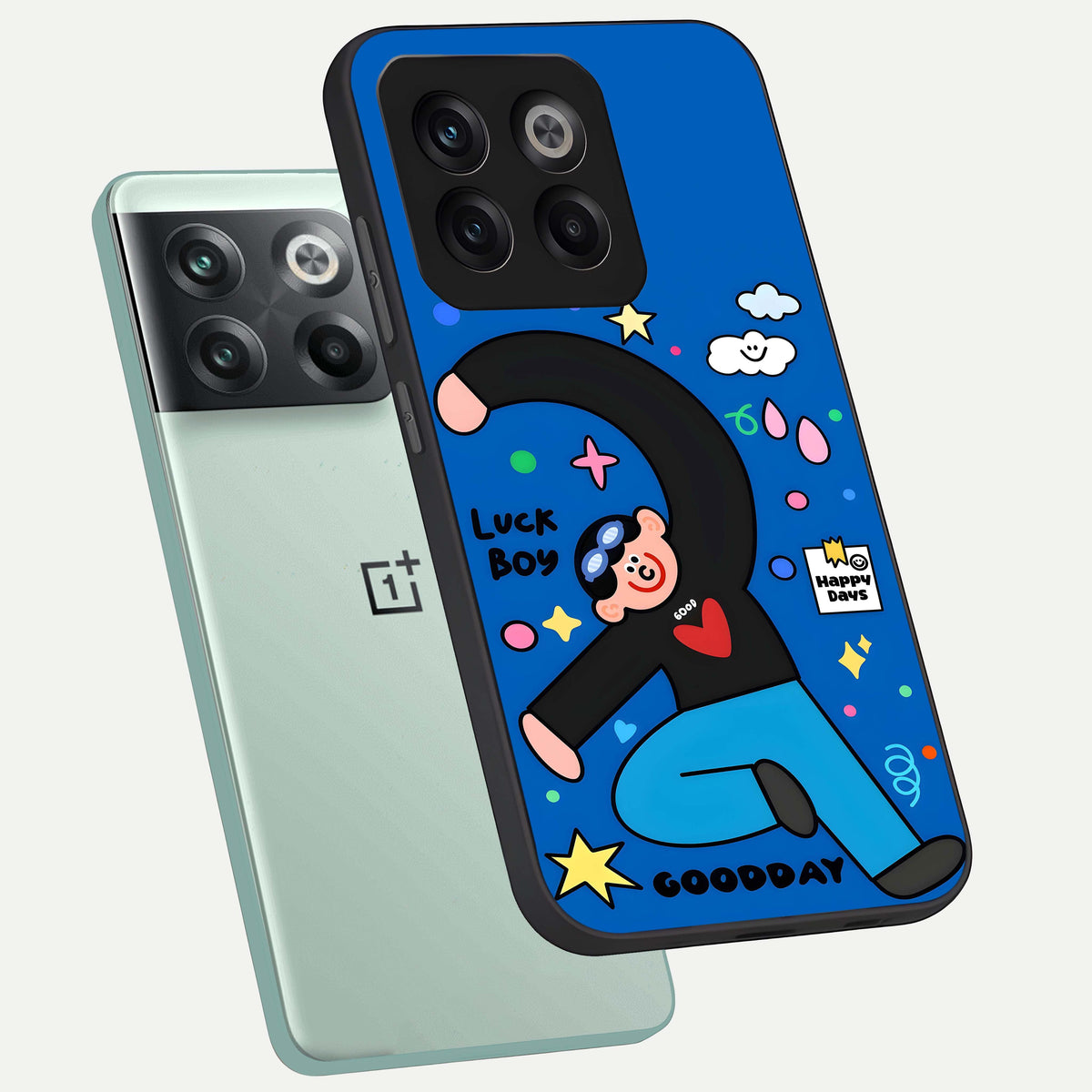  Happy Luck Vibe phone case For OnePlus 10T showing premium glass back cover with detailed artwork