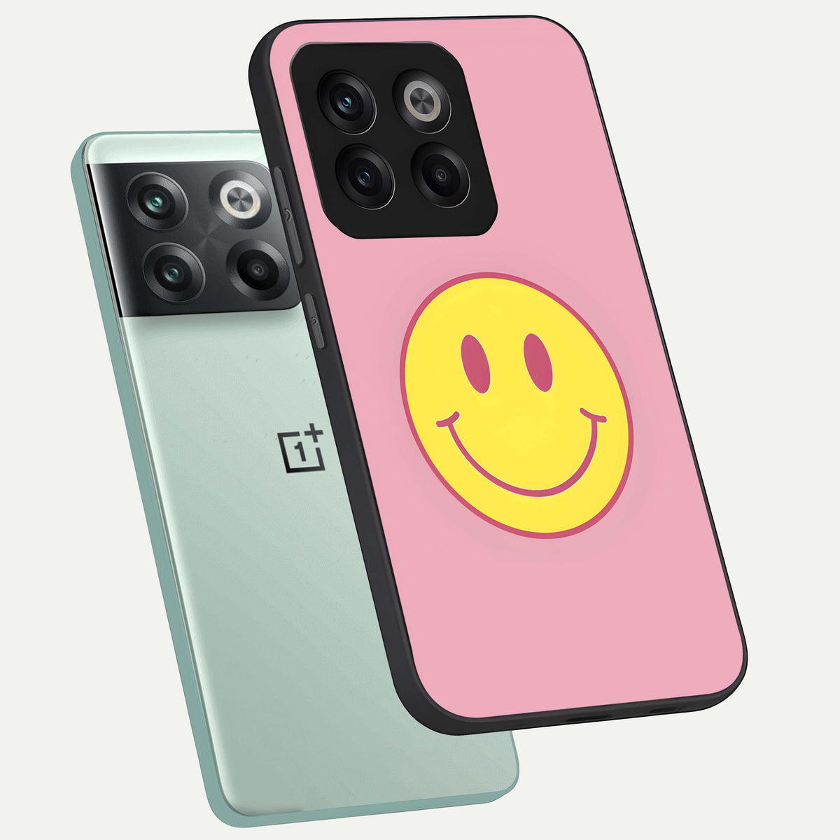  Happy Pink Mood phone case For OnePlus 10T showing premium glass back cover with detailed artwork
