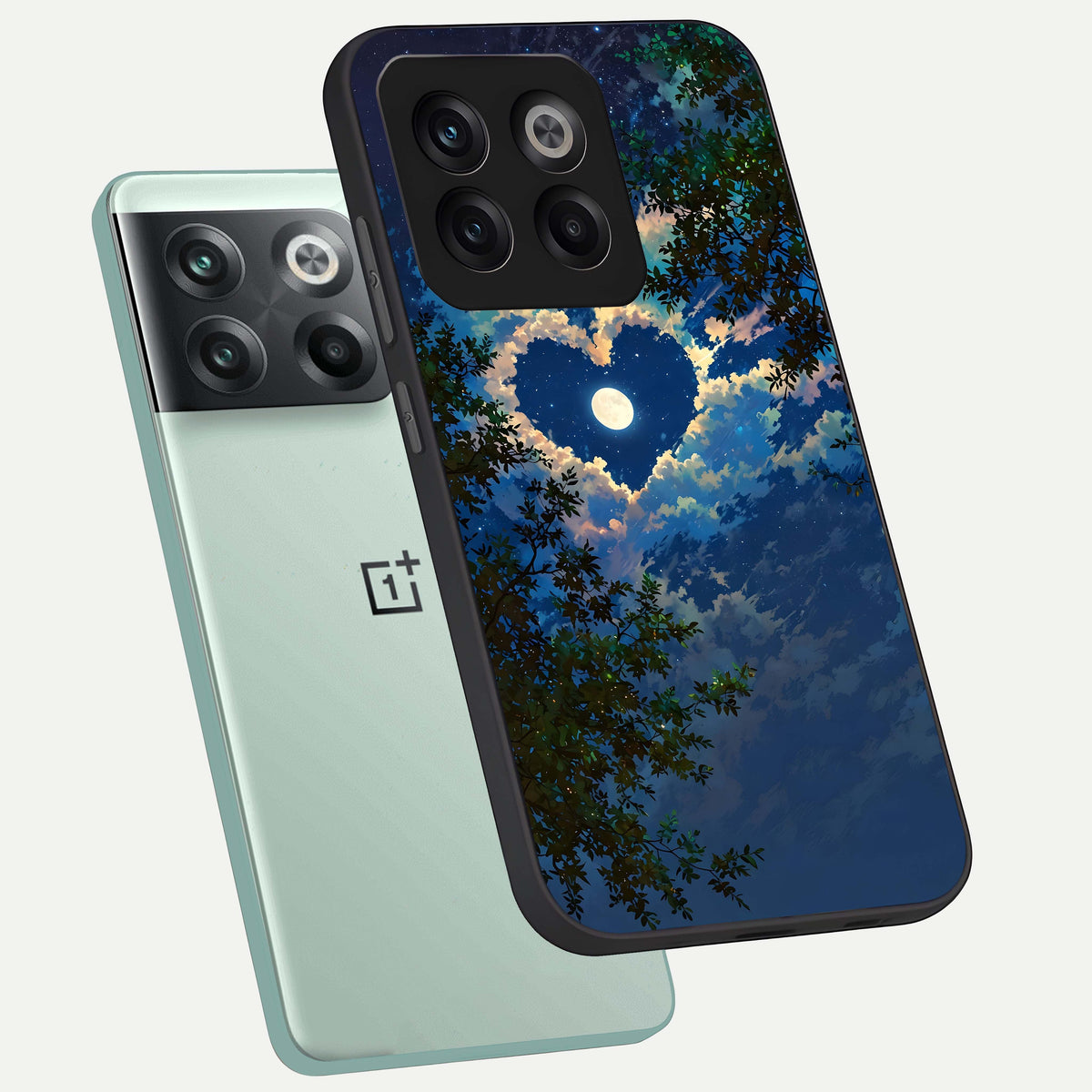  Heart With Moon Sky phone case For OnePlus 10T showing premium glass back cover with detailed artwork