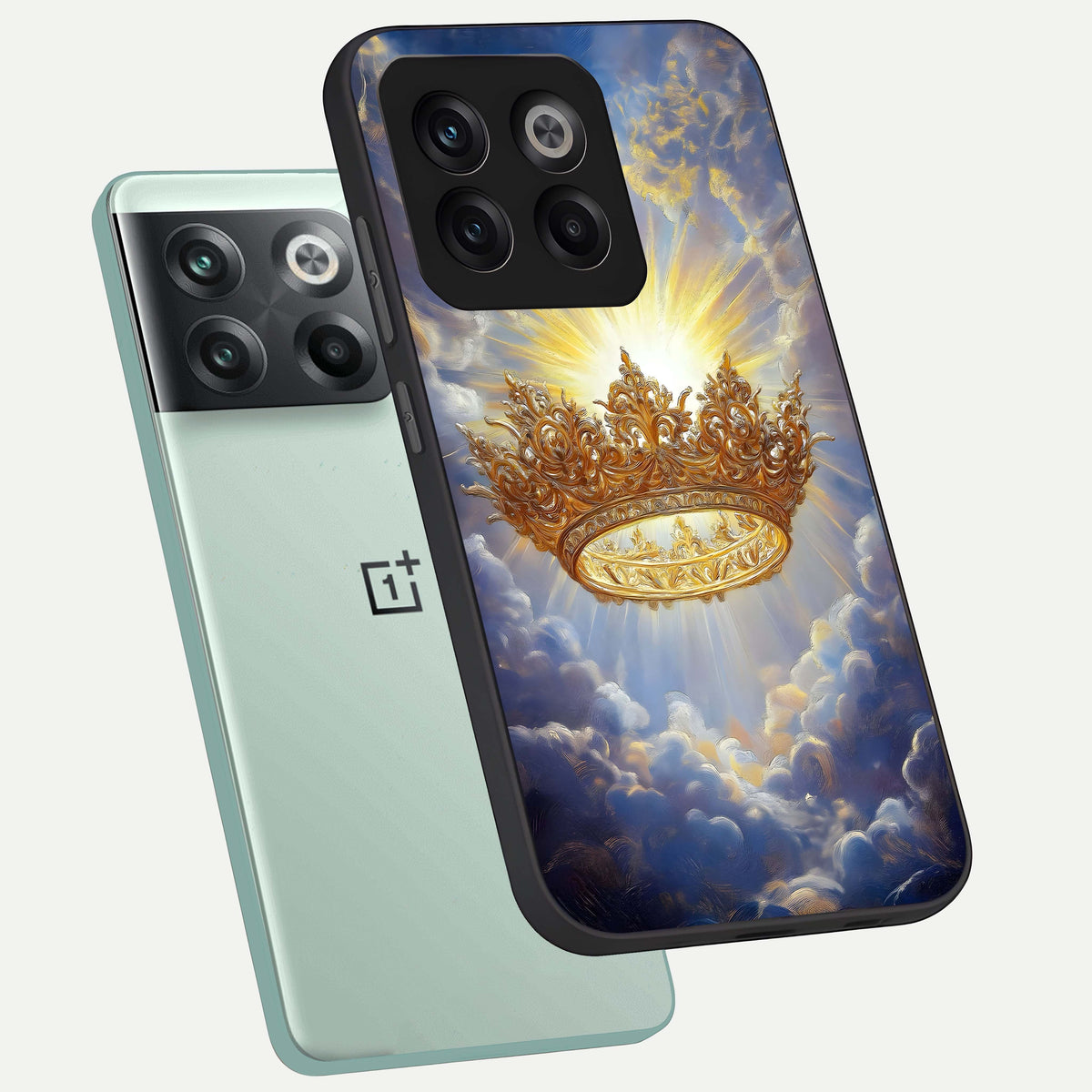  Heavenly Crown Light phone case For OnePlus 10T showing premium glass back cover with detailed artwork