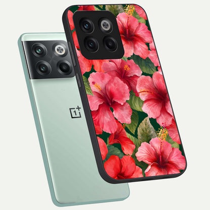  Hibiscus Pattern phone case For OnePlus 10T showing premium glass back cover with detailed artwork