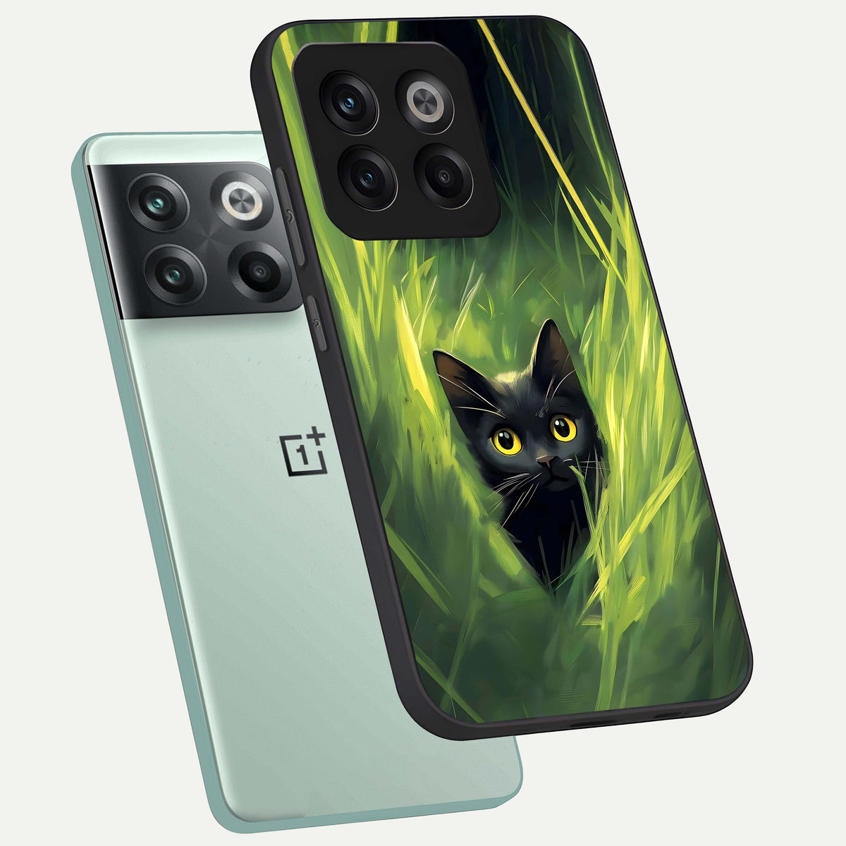  Hidden Cat Whisper phone case For OnePlus 10T showing premium glass back cover with detailed artwork