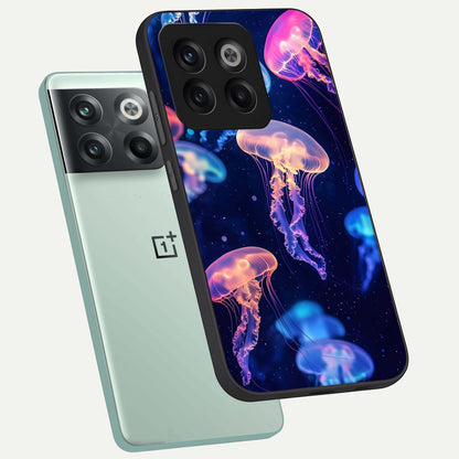  Jellyfish Pattern phone case For OnePlus 10T showing premium glass back cover with detailed artwork