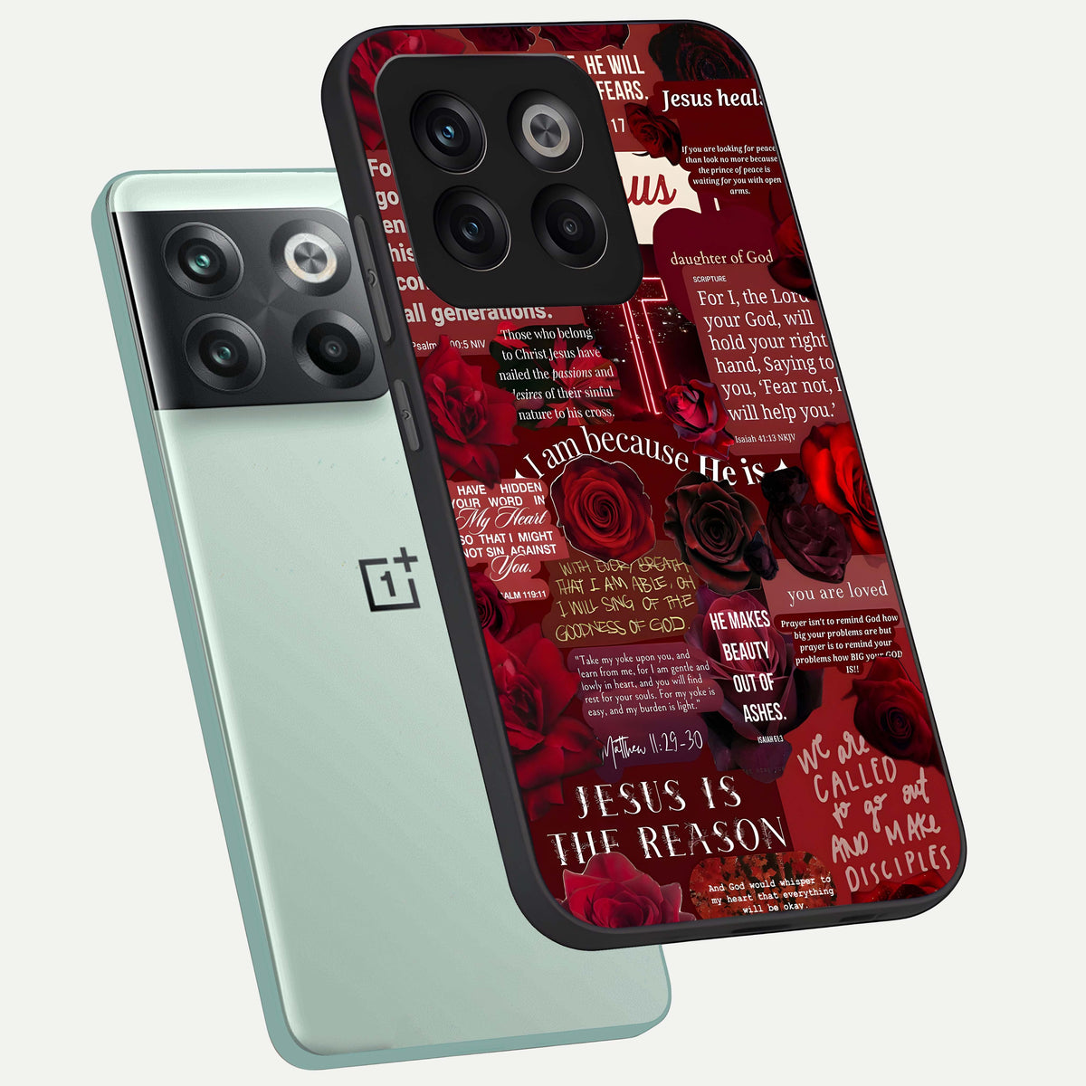  Jesus Love Heals phone case For OnePlus 10T showing premium glass back cover with detailed artwork