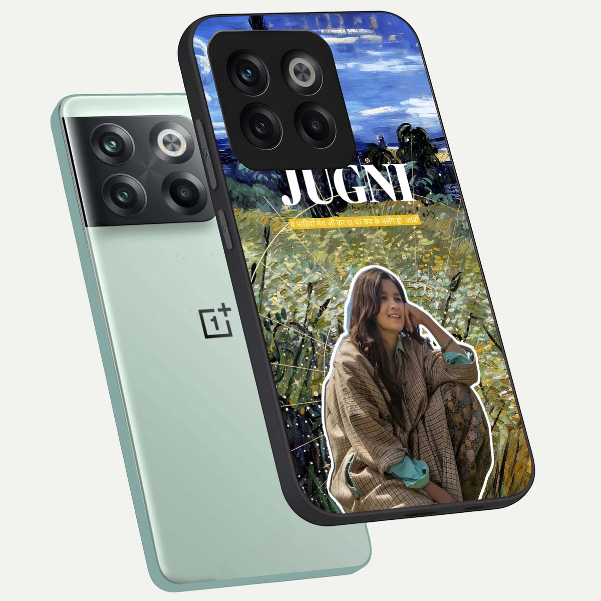  Jugni Soul Vibes phone case For OnePlus 10T showing premium glass back cover with detailed artwork