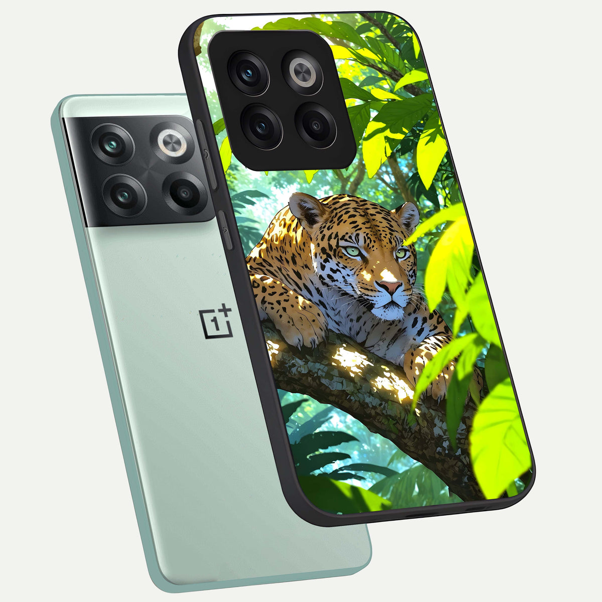  Leopard in Jungle phone case For OnePlus 10T showing premium glass back cover with detailed artwork