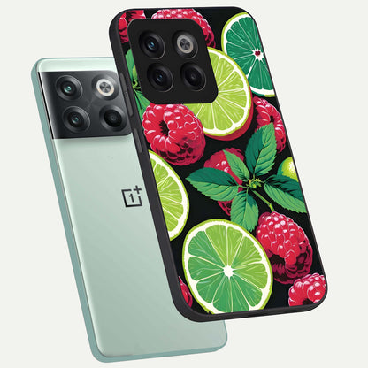  Lime and Raspberry Pattern phone case For OnePlus 10T showing premium glass back cover with detailed artwork