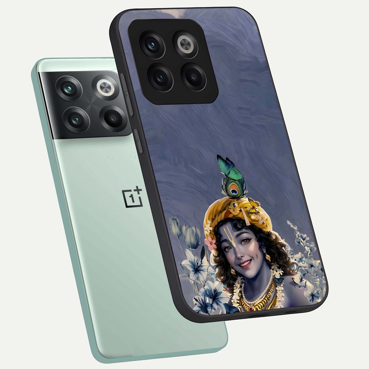  Lord Krishna phone case For OnePlus 10T showing premium glass back cover with detailed artwork