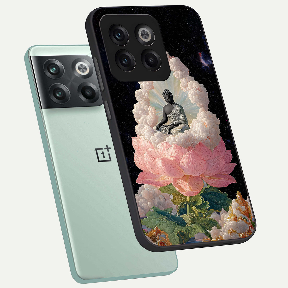  Lotus Divine Peace phone case For OnePlus 10T showing premium glass back cover with detailed artwork