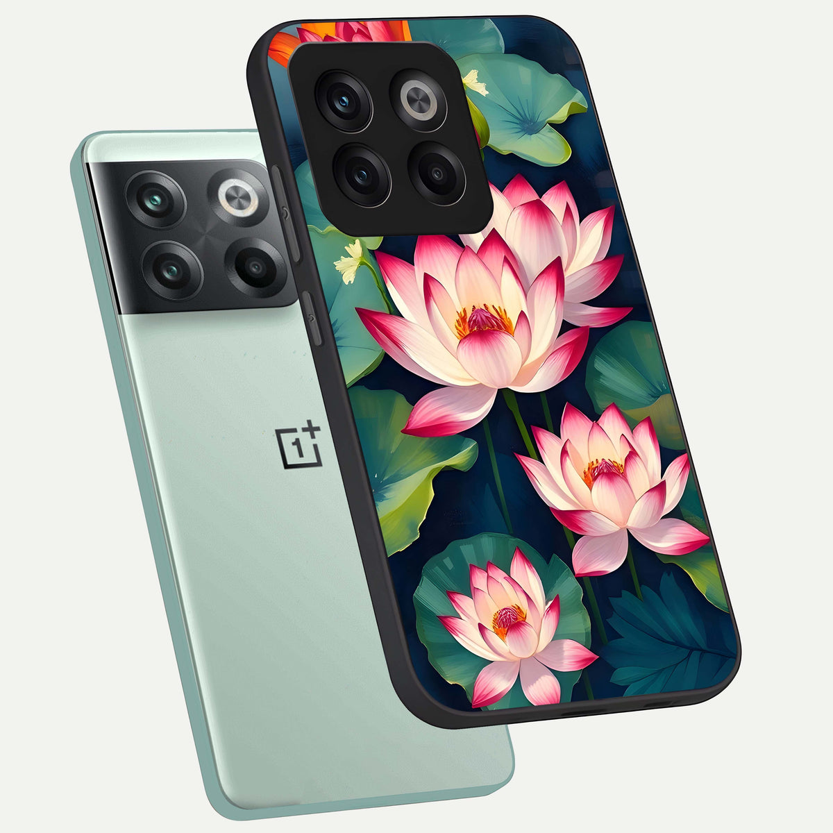  Lotus Dream Serenity phone case For OnePlus 10T showing premium glass back cover with detailed artwork