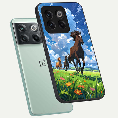  Majestic Horses Galloping phone case For OnePlus 10T showing premium glass back cover with detailed artwork