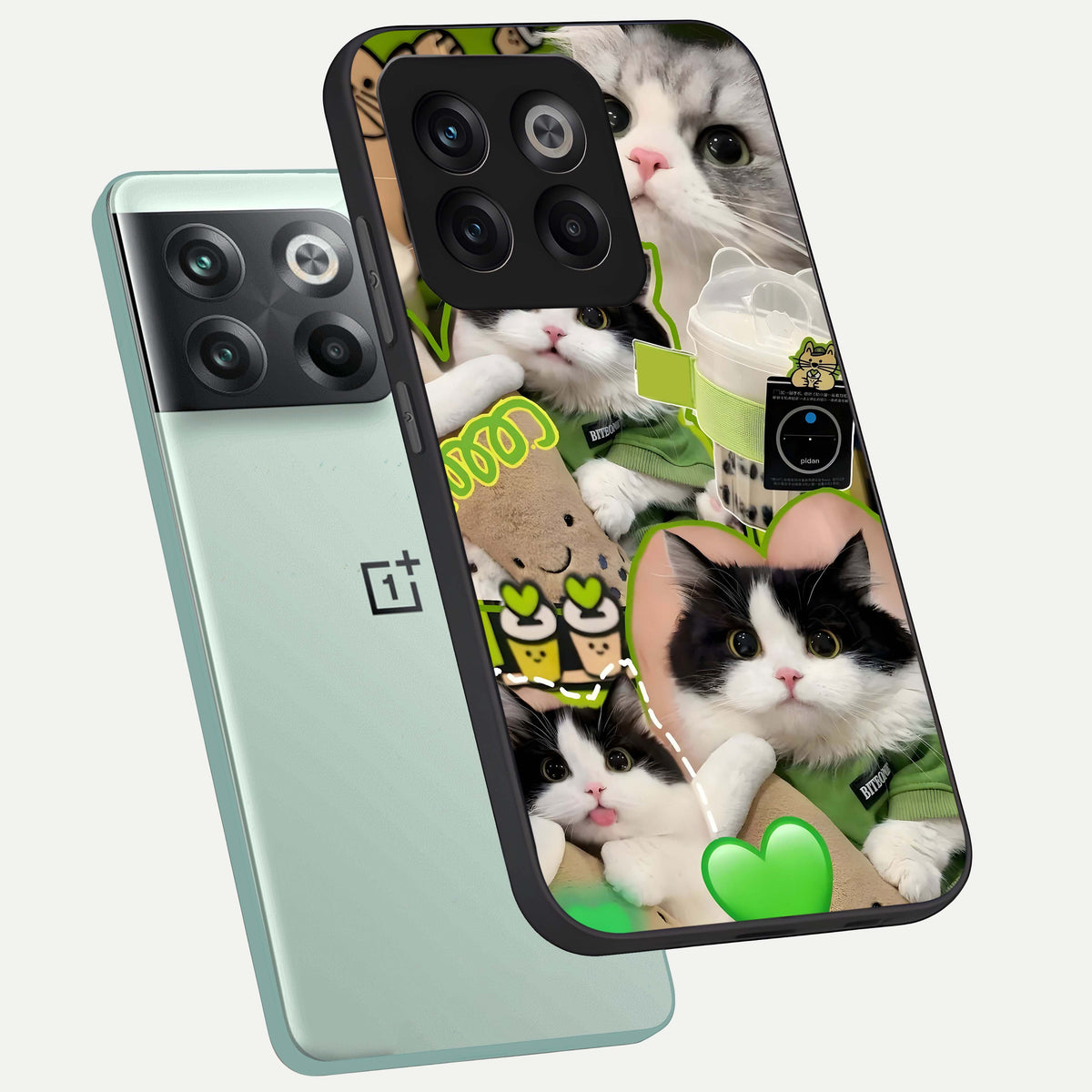  Matcha Cats Mood phone case For OnePlus 10T showing premium glass back cover with detailed artwork