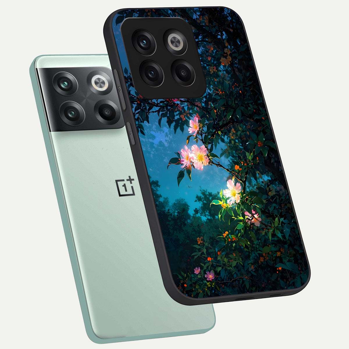  Midnight Bloom Glow phone case For OnePlus 10T showing premium glass back cover with detailed artwork