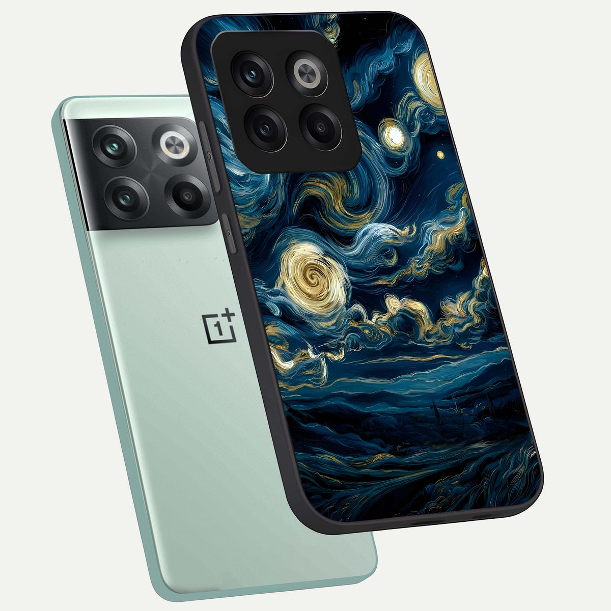  Midnight Sky Whirl phone case For OnePlus 10T showing premium glass back cover with detailed artwork