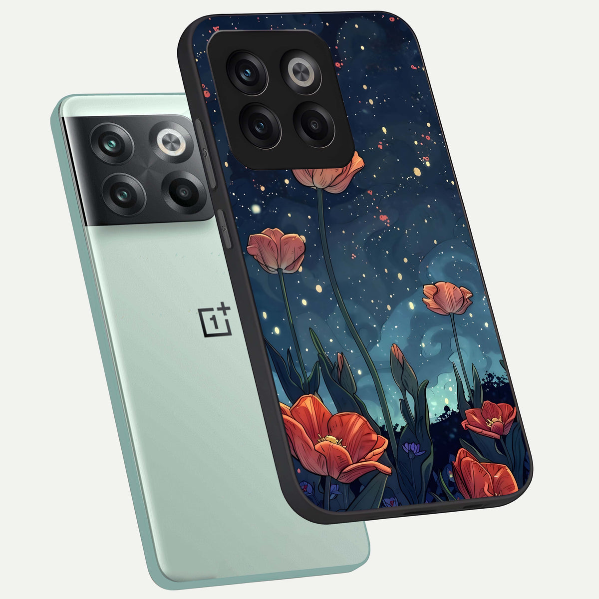  Midnight Tulip Glow phone case For OnePlus 10T showing premium glass back cover with detailed artwork