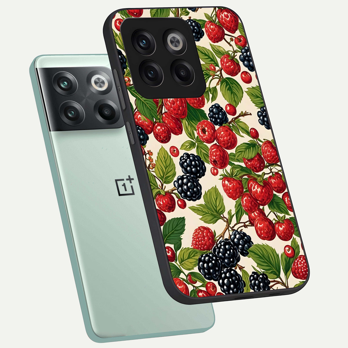  Mixed Berry Collage phone case For OnePlus 10T showing premium glass back cover with detailed artwork