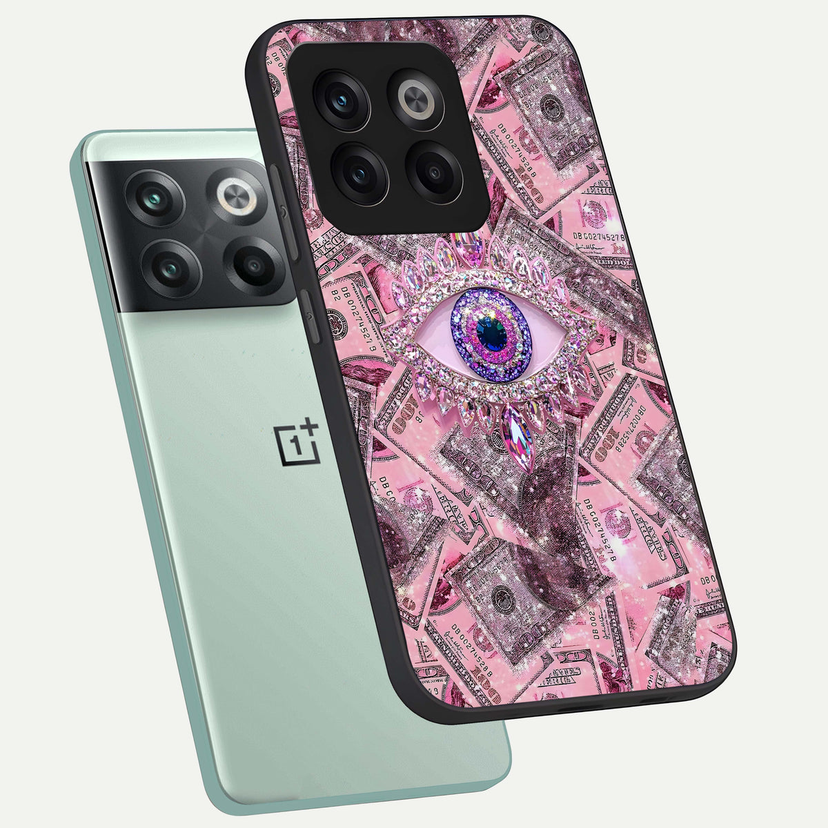  Money Eye Luxe phone case For OnePlus 10T showing premium glass back cover with detailed artwork