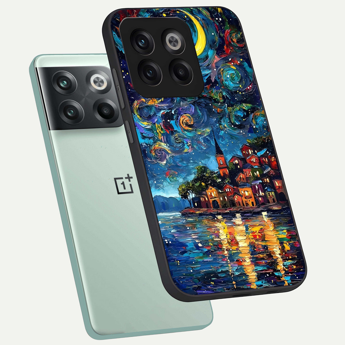  Moonlight Harbor Glow phone case For OnePlus 10T showing premium glass back cover with detailed artwork
