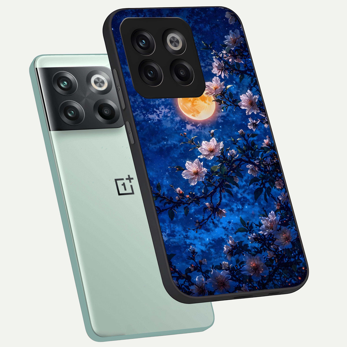  Moonlit Blossoms Night phone case For OnePlus 10T showing premium glass back cover with detailed artwork