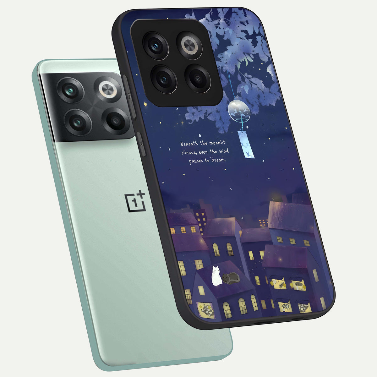  Moonlit Cat Silence phone case For OnePlus 10T showing premium glass back cover with detailed artwork