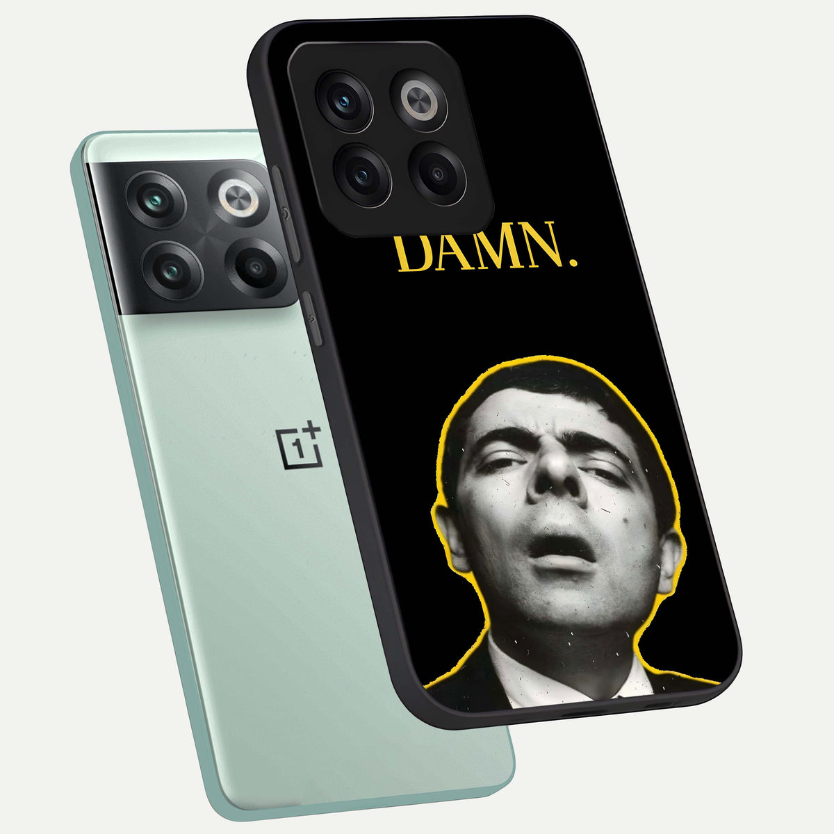  Mr Bean Damn phone case For OnePlus 10T showing premium glass back cover with detailed artwork