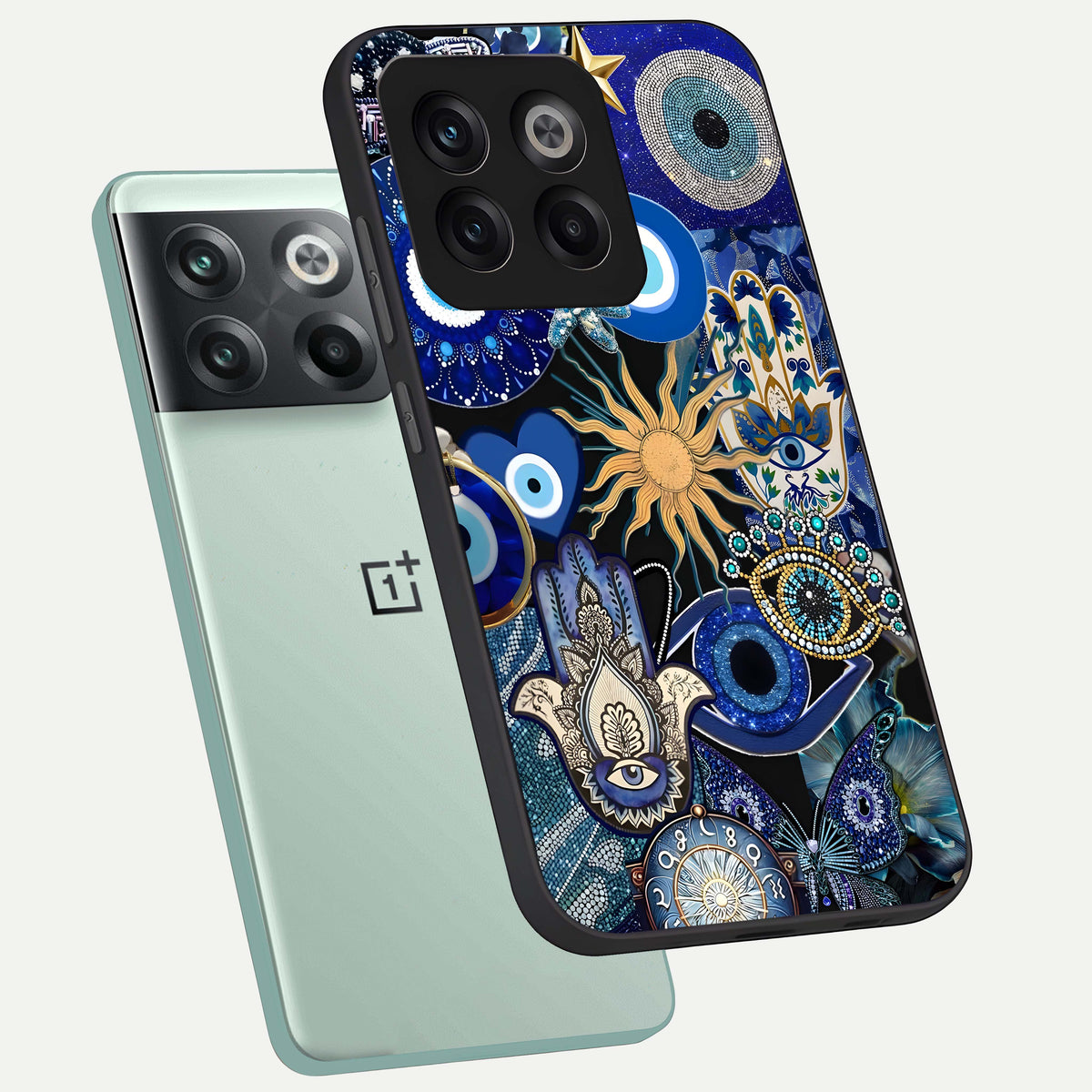  Mystic Blue Evil Eye phone case For OnePlus 10T showing premium glass back cover with detailed artwork