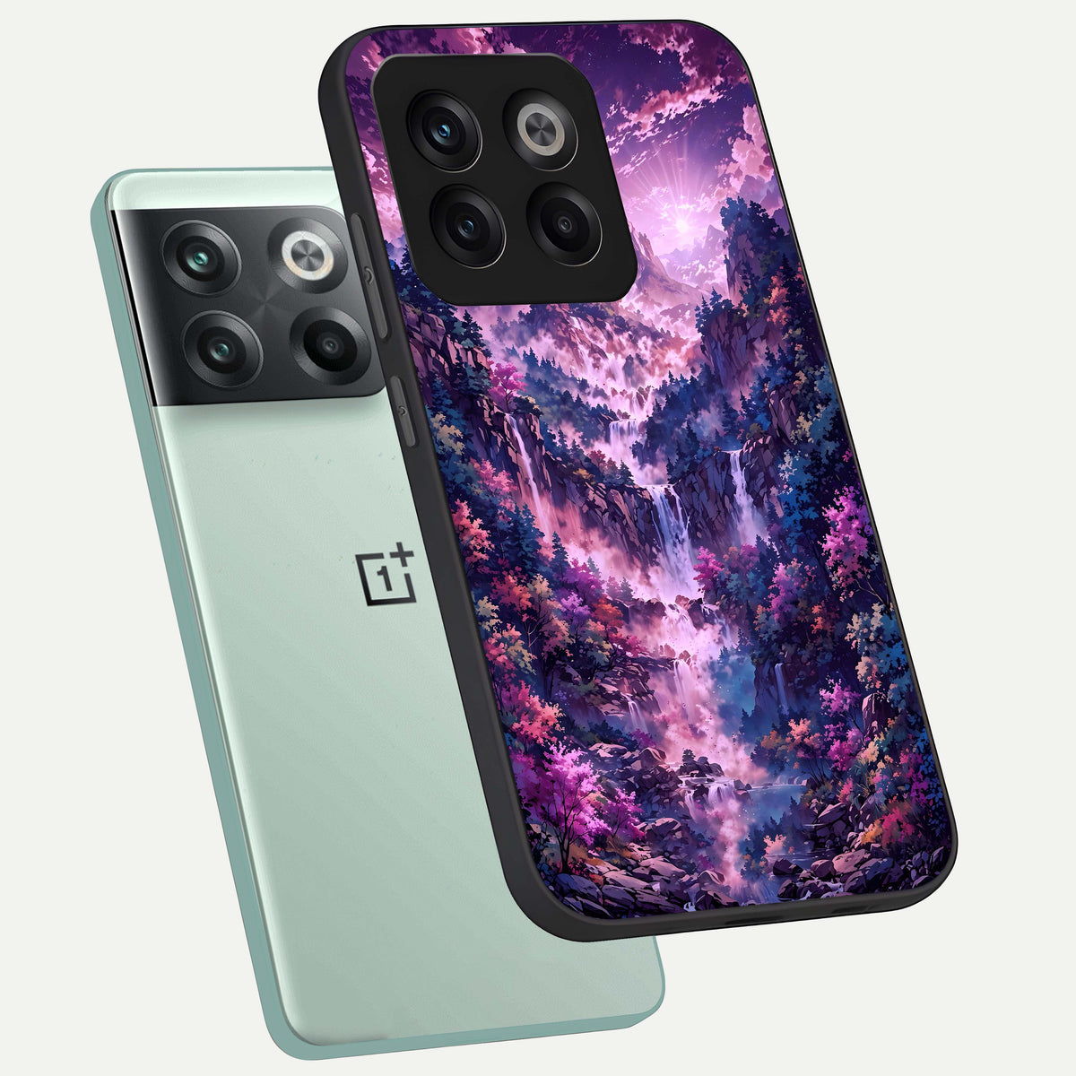  Mystic Cascade Peaks phone case For OnePlus 10T showing premium glass back cover with detailed artwork