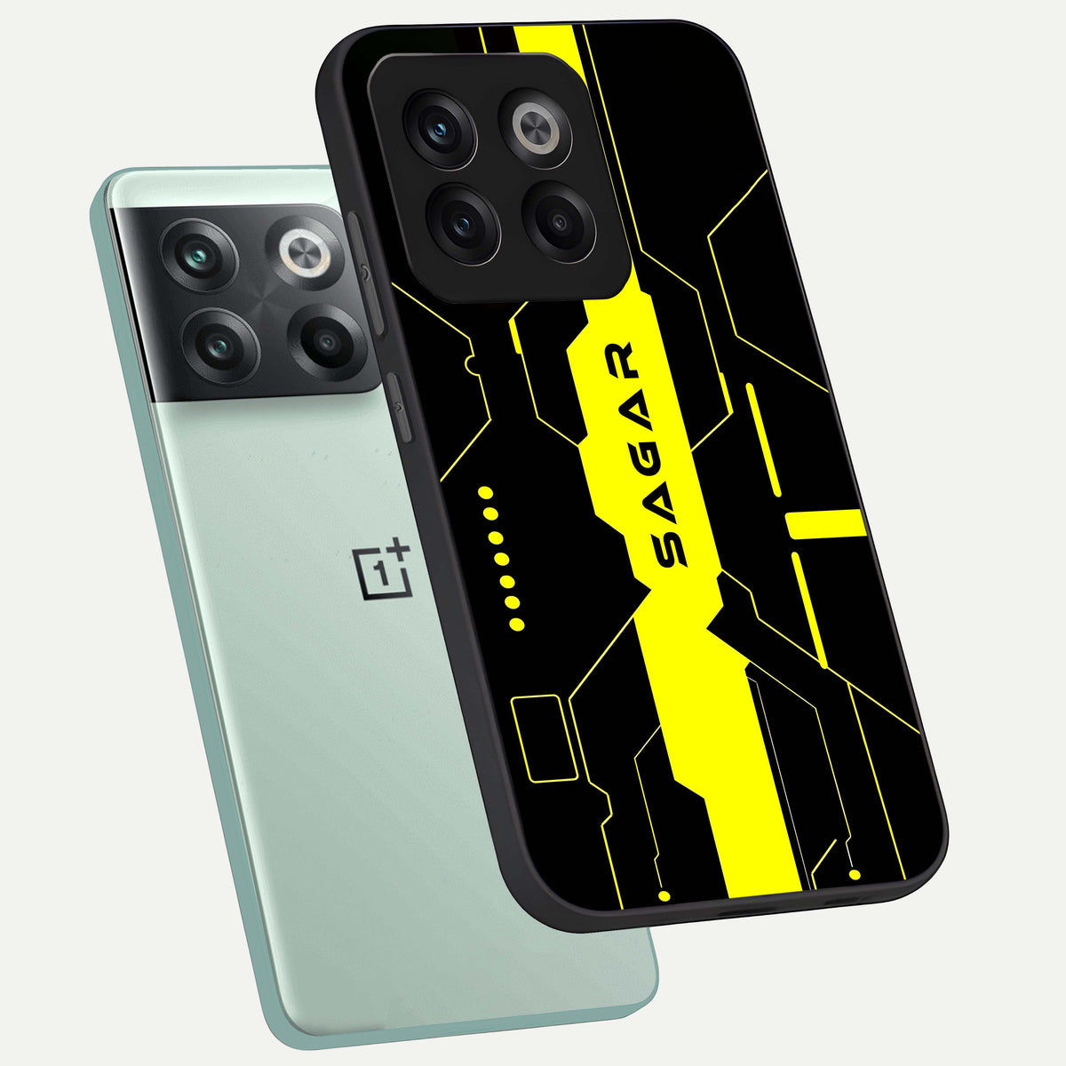  Neon CYBERPUNK Custom Name phone case For OnePlus 10T showing premium glass back cover with detailed artwork