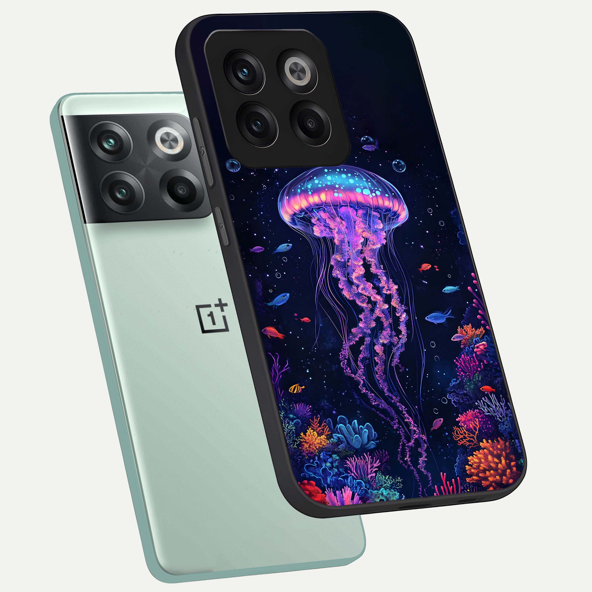  Neon Jellyfish phone case For OnePlus 10T showing premium glass back cover with detailed artwork