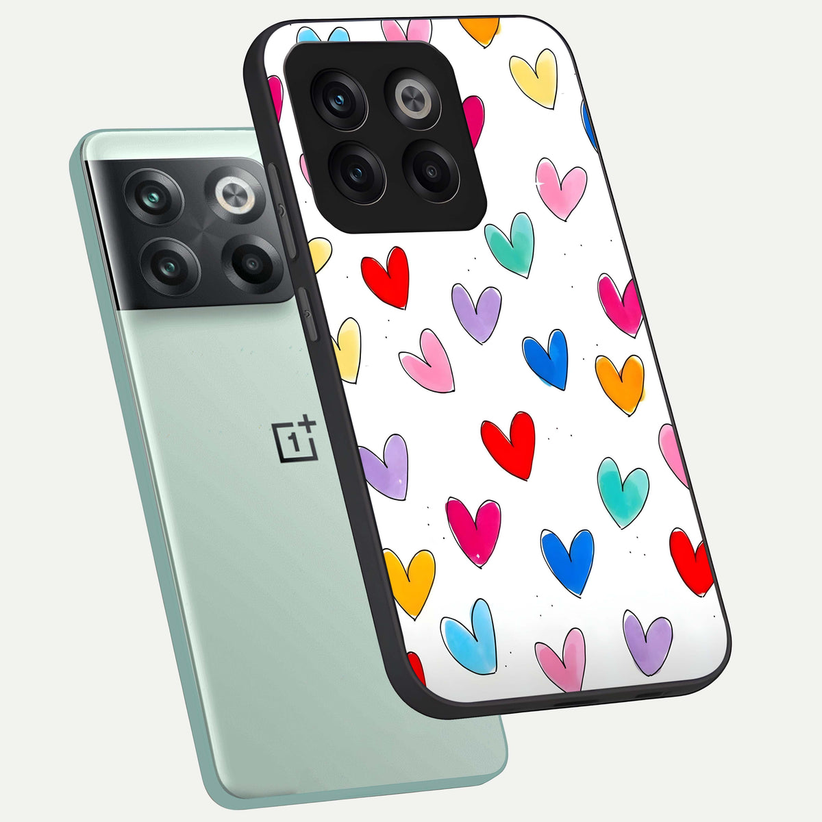  Playful Love Doodles phone case For OnePlus 10T showing premium glass back cover with detailed artwork