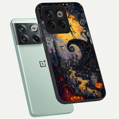  Pumpkin Moon Night phone case For OnePlus 10T showing premium glass back cover with detailed artwork