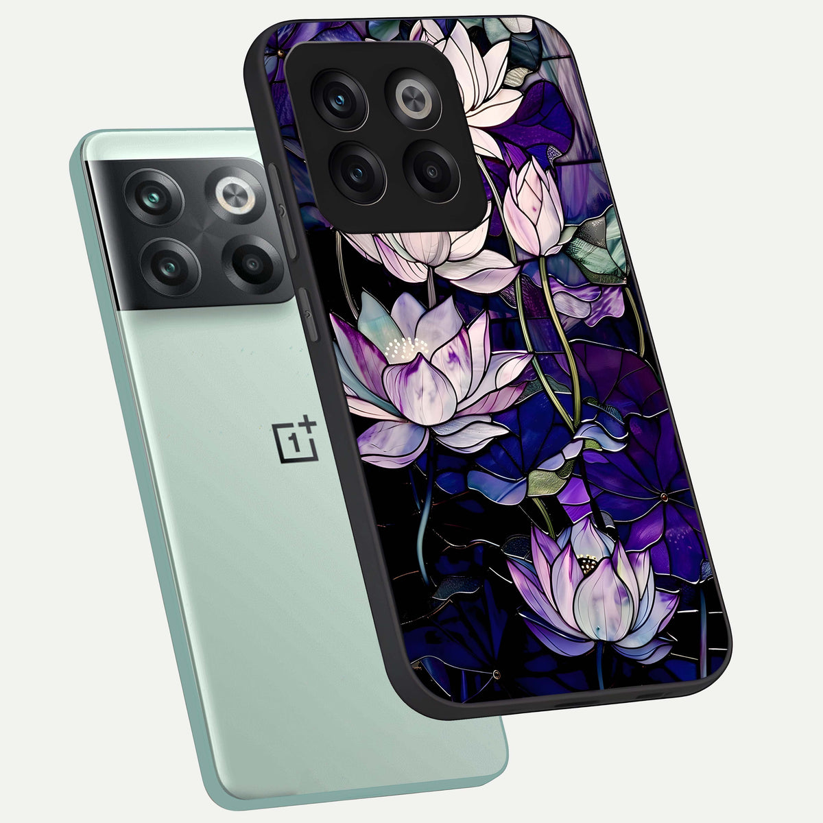  Purple Lotus Pattern phone case For OnePlus 10T showing premium glass back cover with detailed artwork