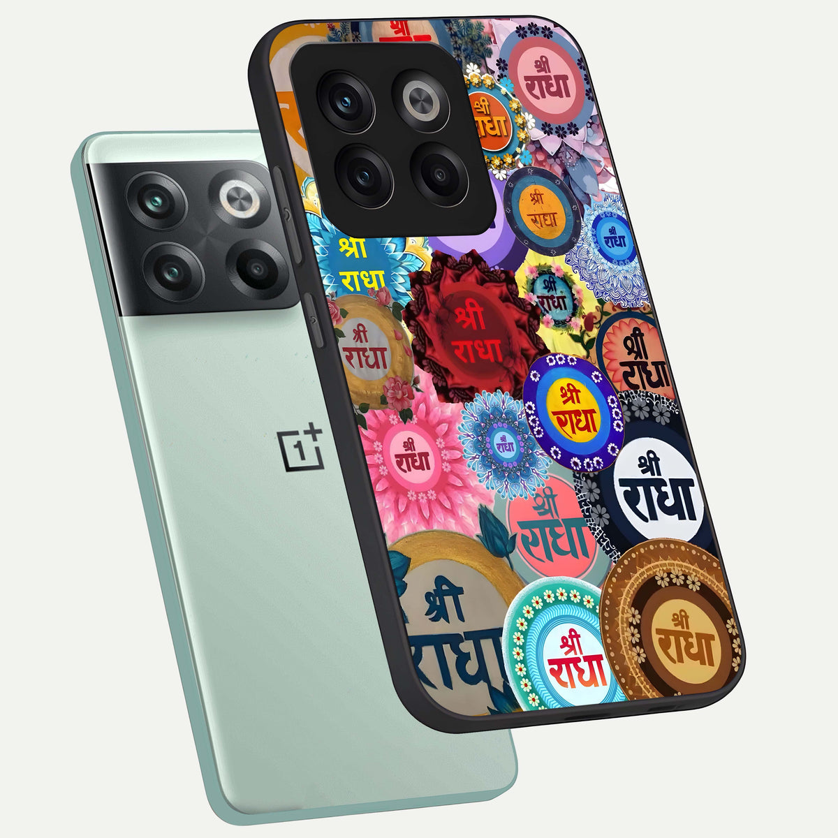  Radha Divine Bloom phone case For OnePlus 10T showing premium glass back cover with detailed artwork