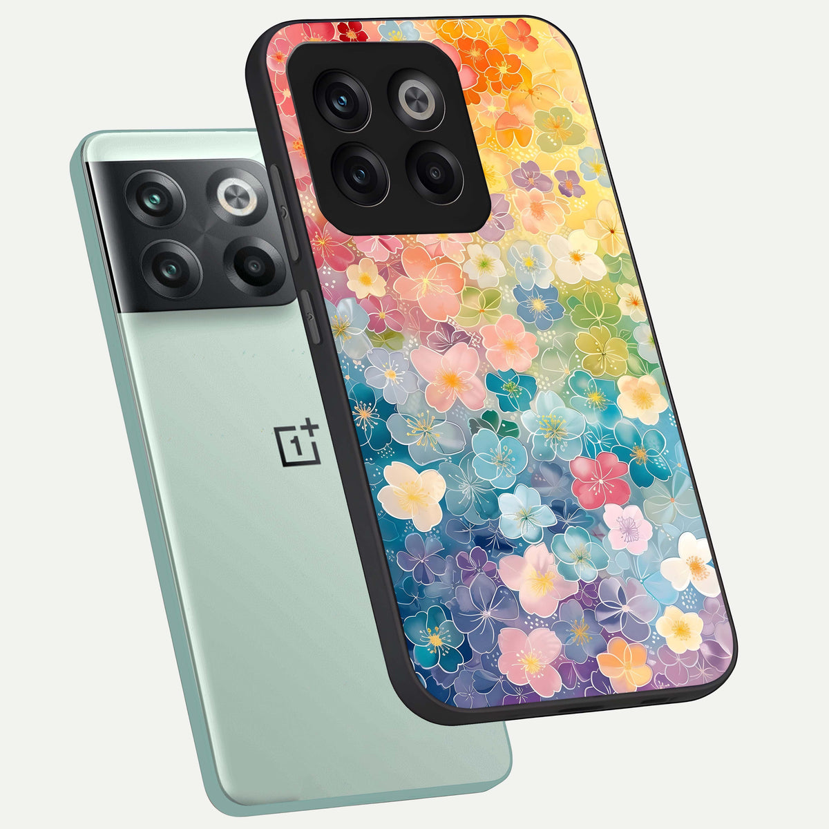  Rainbow Blossom Burst phone case For OnePlus 10T showing premium glass back cover with detailed artwork