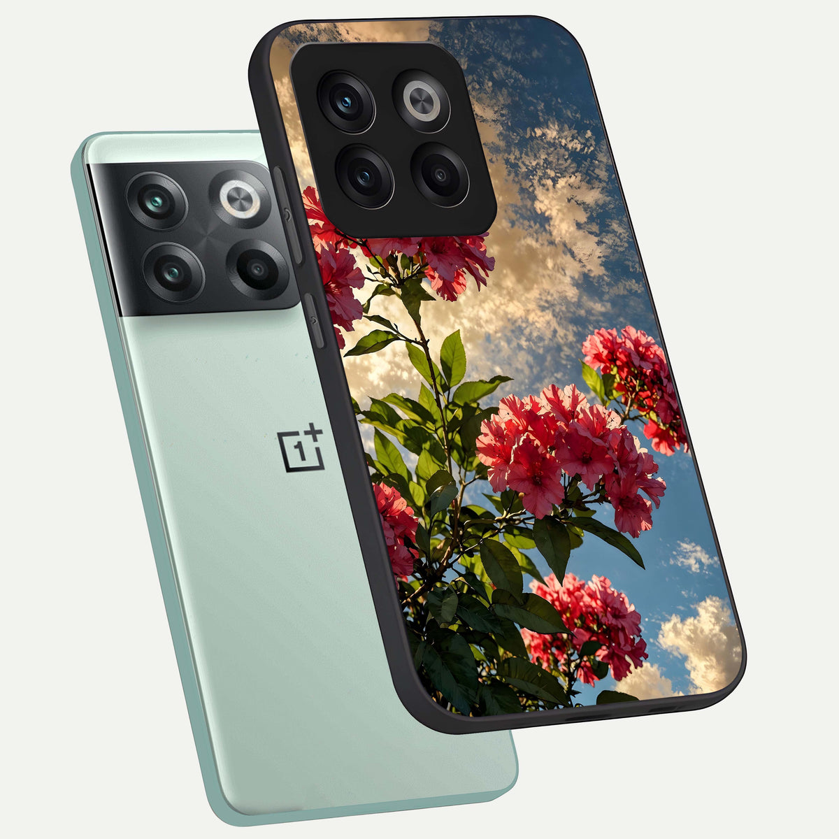  Red Bloom Skies phone case For OnePlus 10T showing premium glass back cover with detailed artwork