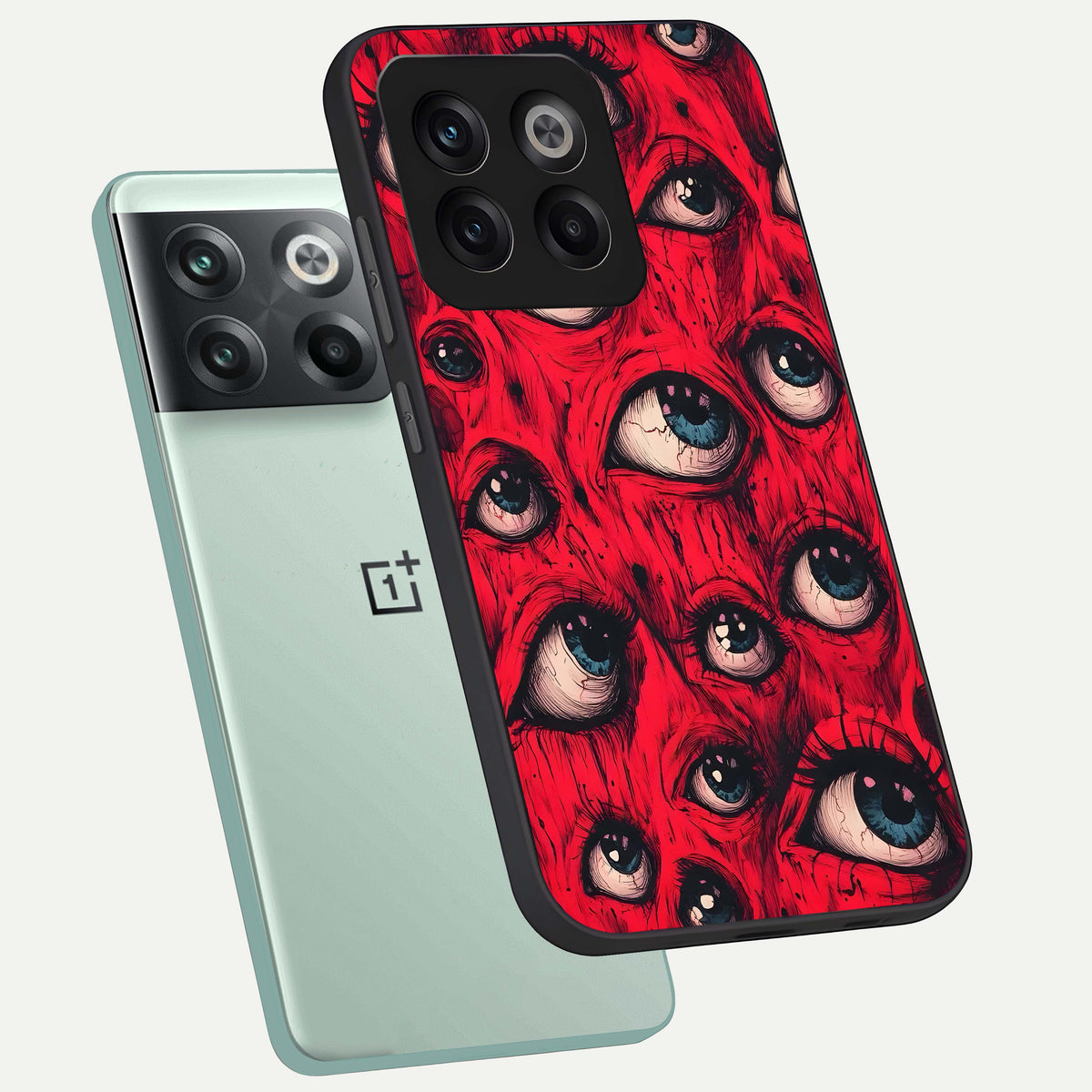  Red Eyes Pattern phone case For OnePlus 10T showing premium glass back cover with detailed artwork