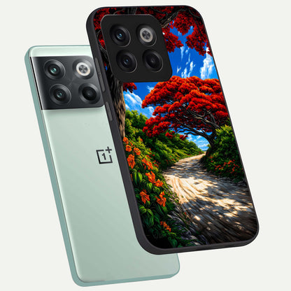  Red Trees Pathway phone case For OnePlus 10T showing premium glass back cover with detailed artwork