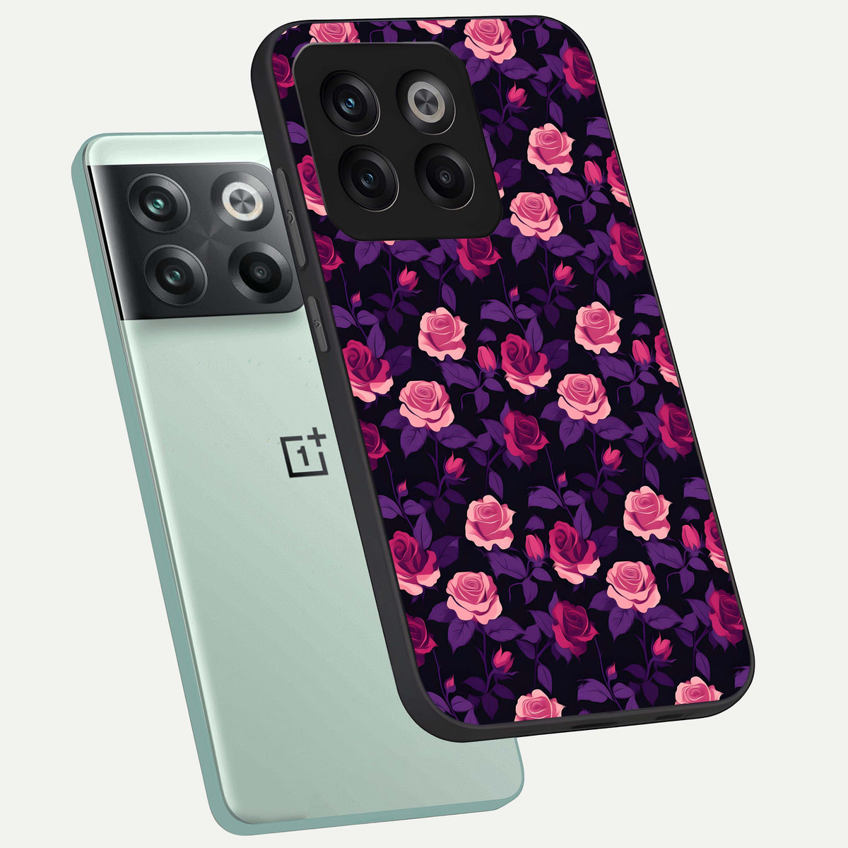  Rose Garden Twilight phone case For OnePlus 10T showing premium glass back cover with detailed artwork