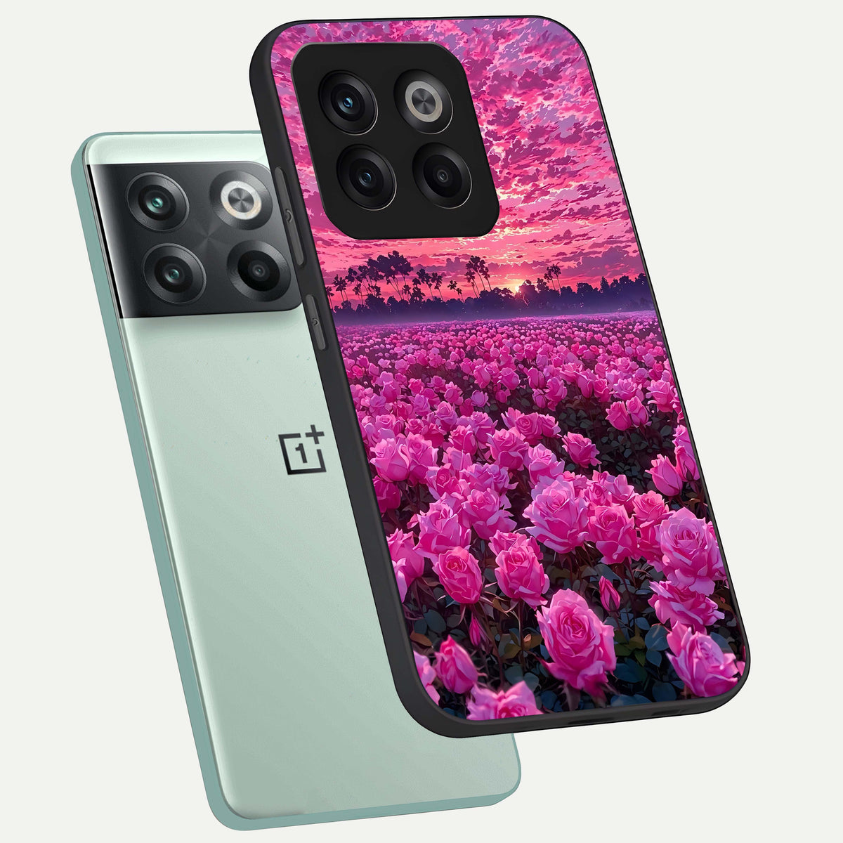  Rose Sunset Valley phone case For OnePlus 10T showing premium glass back cover with detailed artwork